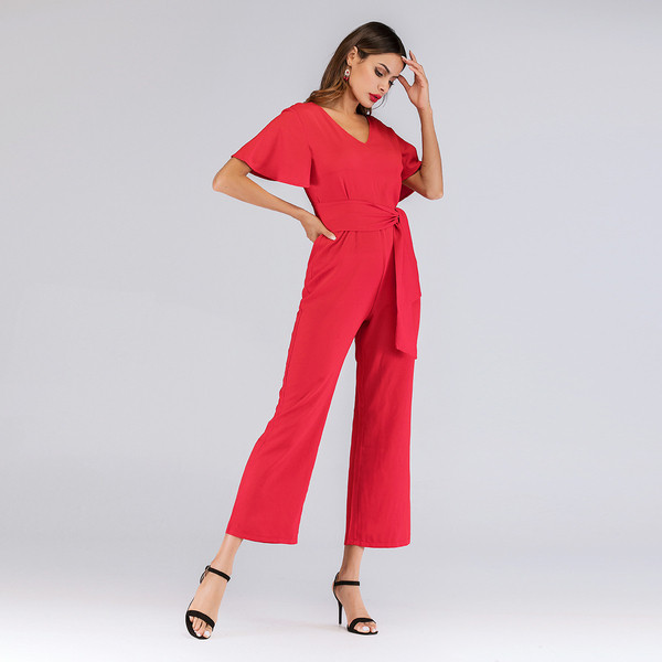 Κομψή Γυναικεία ολόσωμη φόρμα με  κοντό μανίκι με κόκκινο χρώμα