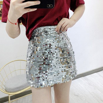Fusta scurta moderna cu talie inalta si paiete