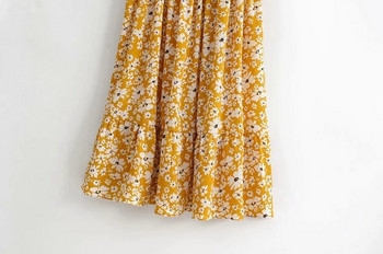 Ежедневна дамска рокля с къс ръкав и флорални мотиви в жълт цвят