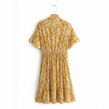 Ежедневна дамска рокля с къс ръкав и флорални мотиви в жълт цвят