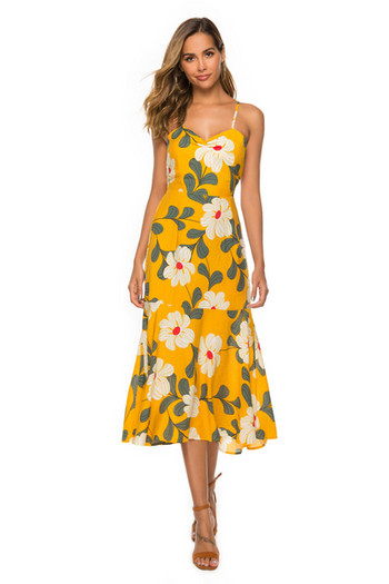 Rochie de vara de dama moderna cu model floral in galben