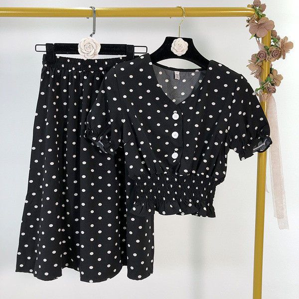 Set de bluză și fustă de damă cu puncte albe și negre