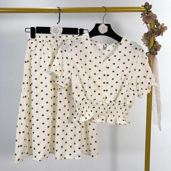 Set de bluză și fustă de damă cu puncte albe și negre