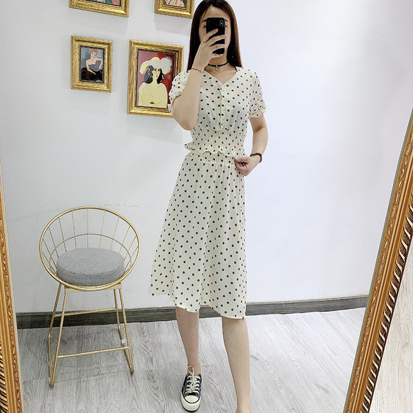 Set de bluză și fustă de damă cu puncte albe și negre