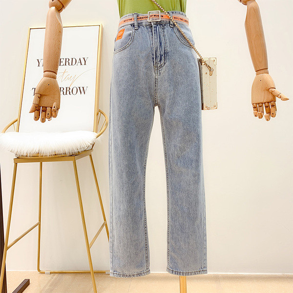 Дамски дълги дънки с висока талия и колан 