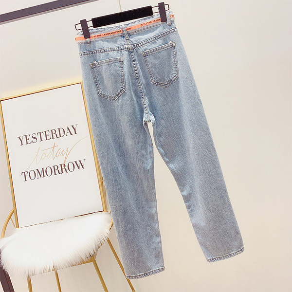 Дамски дълги дънки с висока талия и колан 