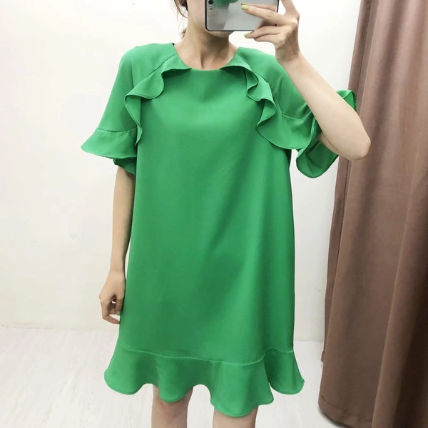 Rochie actuală de damă cu mâneci scurte în verde și albastru