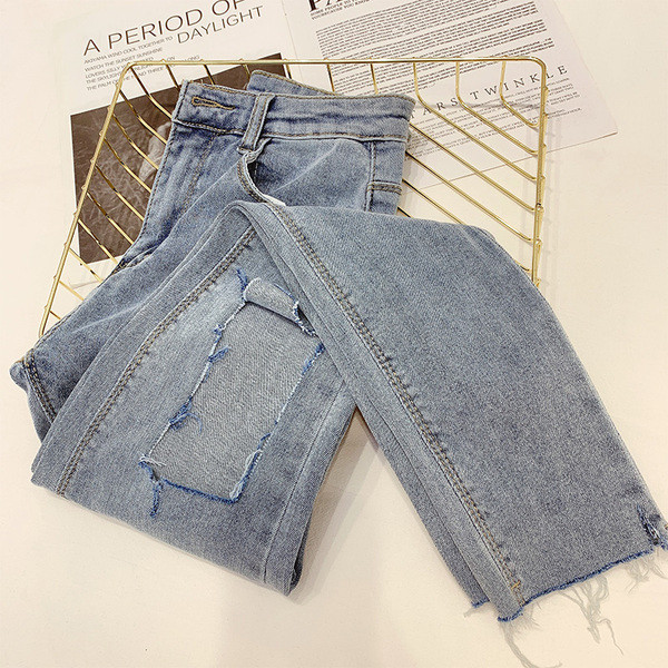 Blugi lungi de damă cu motiv rupt în albastru