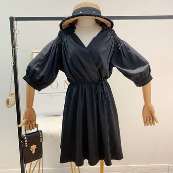 Rochie de dama cu maneci 3/4 si elastic in alb si negru