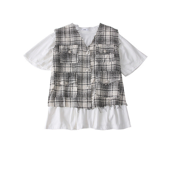 Bluza casual dama + vesta in carouri cu buzunare