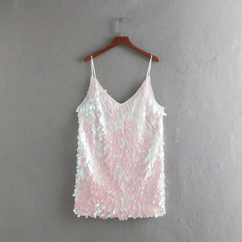 Модерна дамска къса рокля с пайети и тънки презрамки в светъл цвят