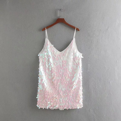 Модерна дамска къса рокля с пайети и тънки презрамки в светъл цвят