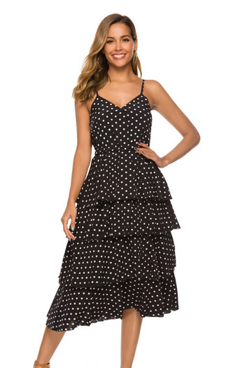 Rochie de dama cu buline cu decolteu in V si bretele subtiri