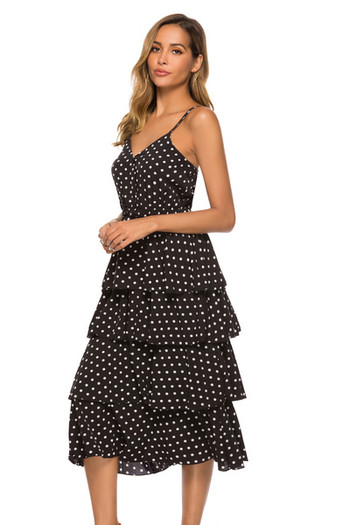 Rochie de dama cu buline cu decolteu in V si bretele subtiri