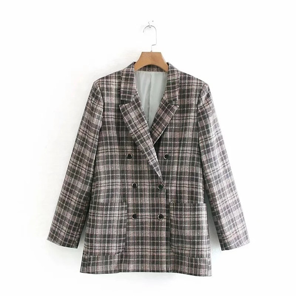 Geaca dama in carouri cu buzunare si inchidere dubla