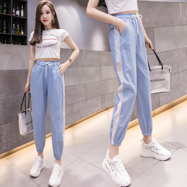 Pantaloni casual de dama in albastru cu cravate