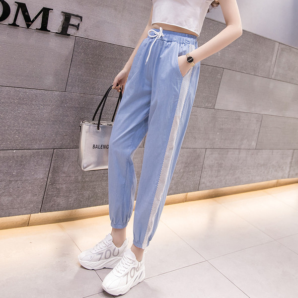 Pantaloni casual de dama in albastru cu cravate