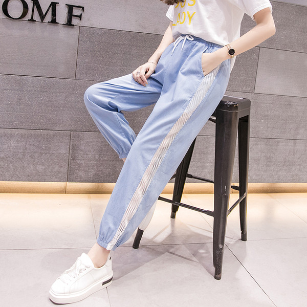 Pantaloni casual de dama in albastru cu cravate