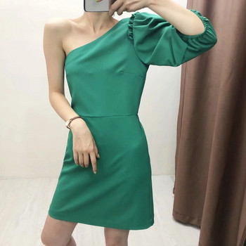 Rochie scurta de dama eleganta cu o maneca de culoare verde