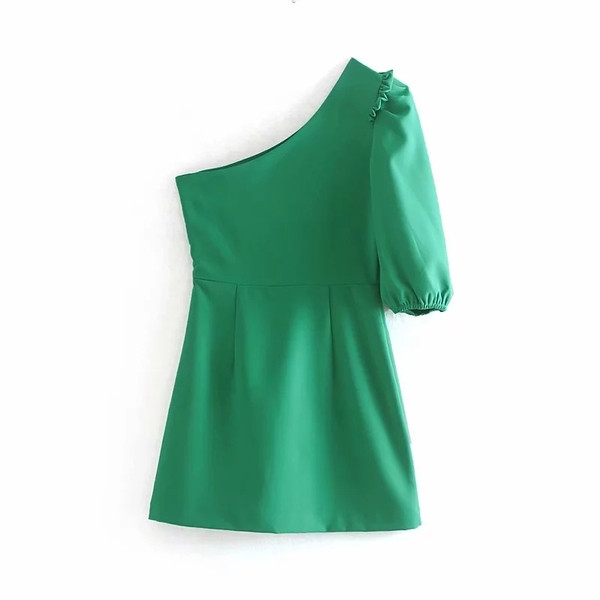 Rochie scurta de dama eleganta cu o maneca de culoare verde