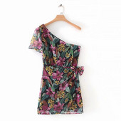 Rochie moderna de dama cu o maneca si motive florale