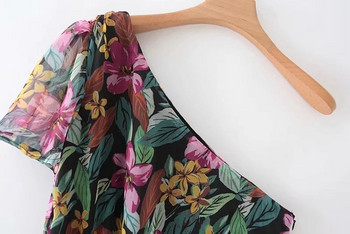 Rochie moderna de dama cu o maneca si motive florale