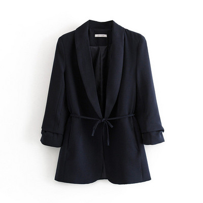 Стилно дамско сако с връзки на талията в черен цвят