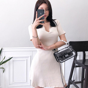 Дамска ежедневна рокля с къс ръкав в бежов цвят