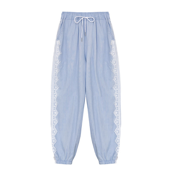 Pantaloni de dama la moda in albastru cu dantela