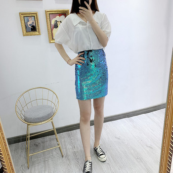 Fusta de dama moderna in albastru cu paiete