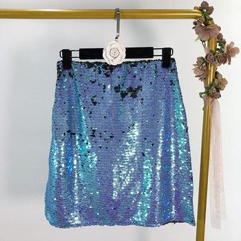 Fusta de dama moderna in albastru cu paiete