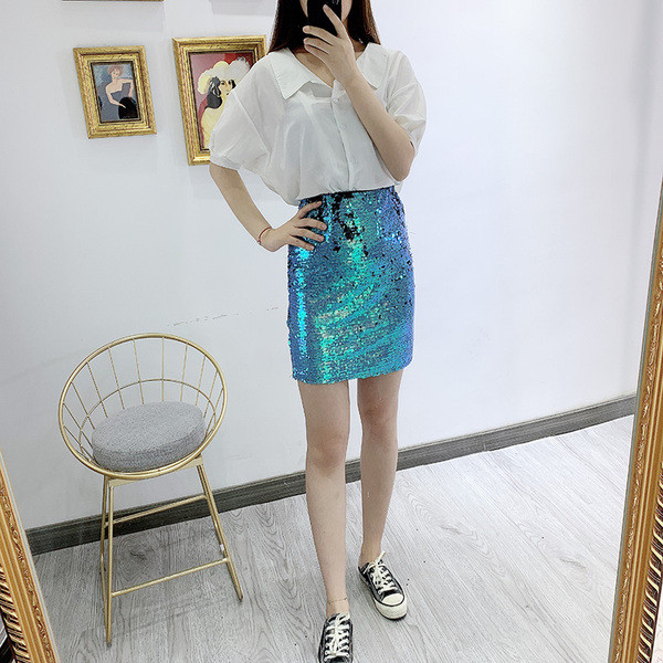 Fusta de dama moderna in albastru cu paiete