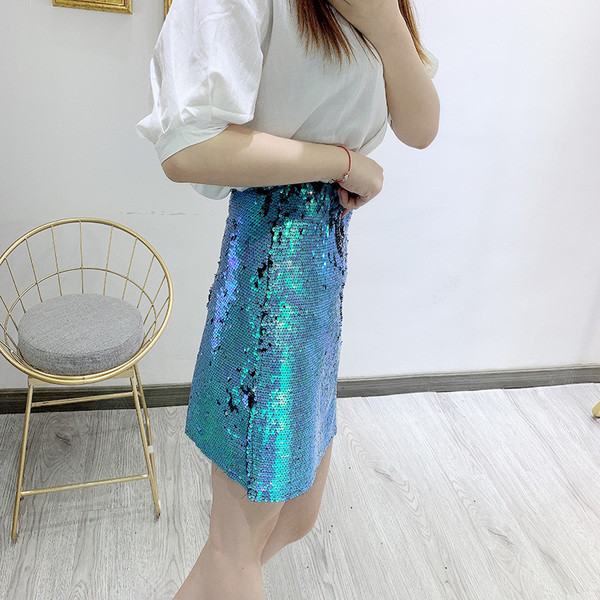 Fusta de dama moderna in albastru cu paiete
