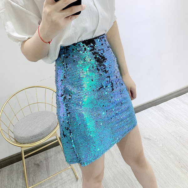 Fusta de dama moderna in albastru cu paiete