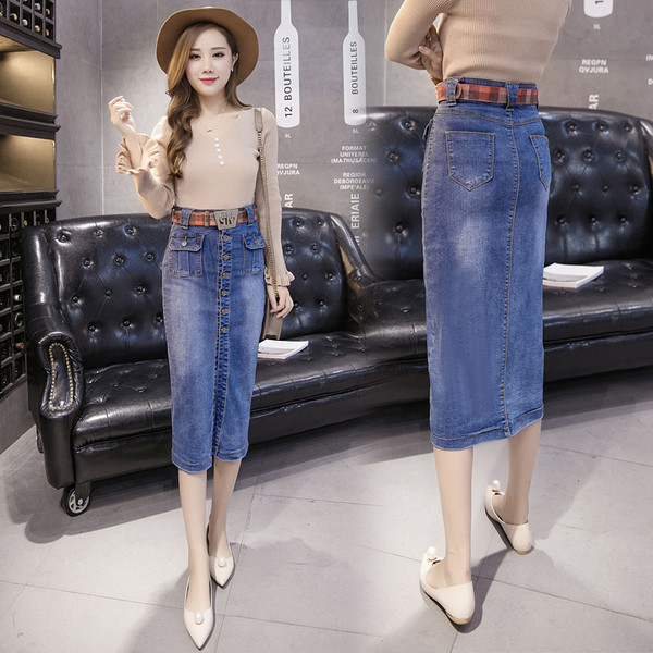 Fusta de dama lunga din denim casual cu nasturi