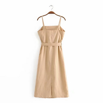 Модерна дамска рокля с тънки презрамки и копчета в три цвята