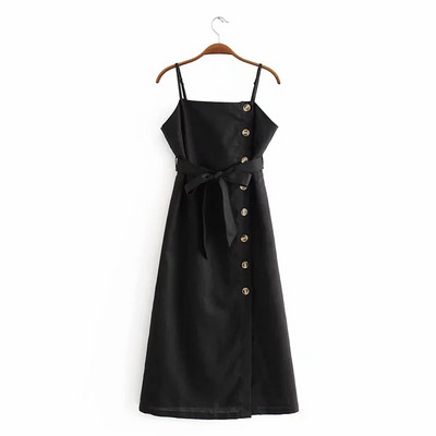 Модерна дамска рокля с тънки презрамки и копчета в три цвята