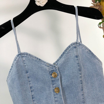 Fusta de dama din denim cu bretele subtiri si nasturi