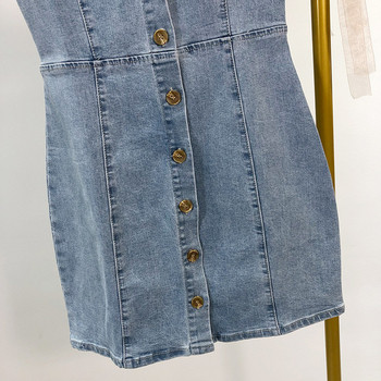 Fusta de dama din denim cu bretele subtiri si nasturi