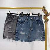 Fusta de dama din denim cu efect rupt in albastru si negru