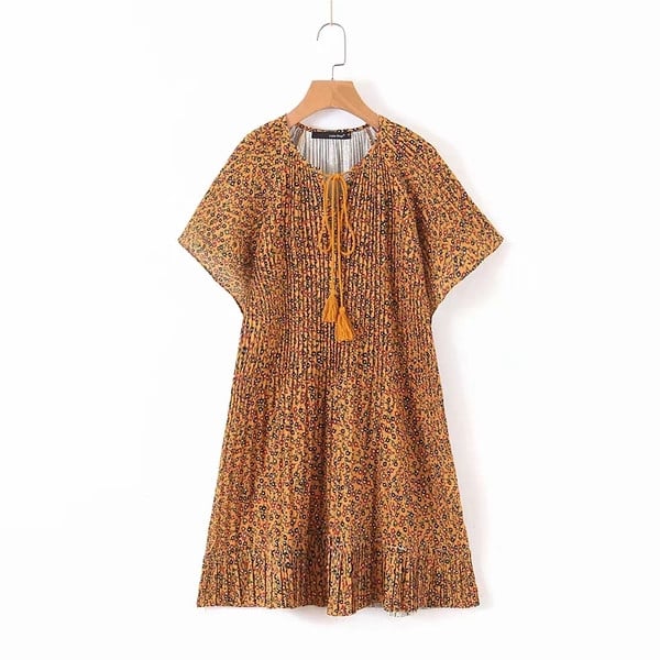 Ежедневна дамска рокля с къс ръкав и връзки в два цвята