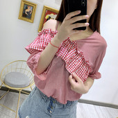 Bluză casual de damă în carouri cu mâneci scurte cu elastic