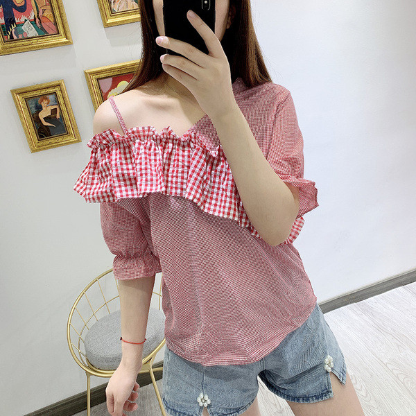 Bluză casual de damă în carouri cu mâneci scurte cu elastic