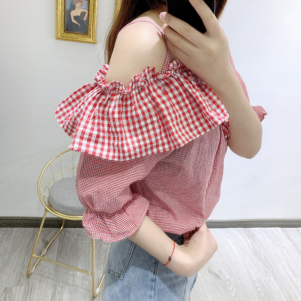 Bluză casual de damă în carouri cu mâneci scurte cu elastic