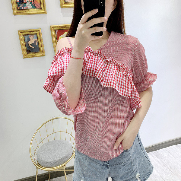 Bluză casual de damă în carouri cu mâneci scurte cu elastic