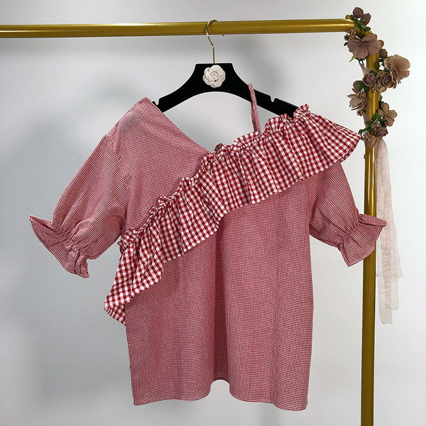 Bluză casual de damă în carouri cu mâneci scurte cu elastic