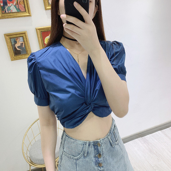 Bluza scurta de dama cu maneca scurta si talie elastica in doua culori