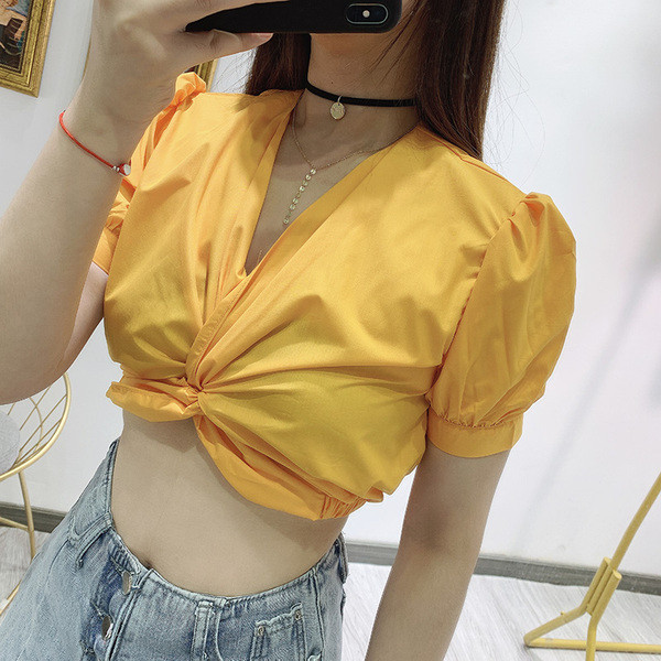 Bluza scurta de dama cu maneca scurta si talie elastica in doua culori