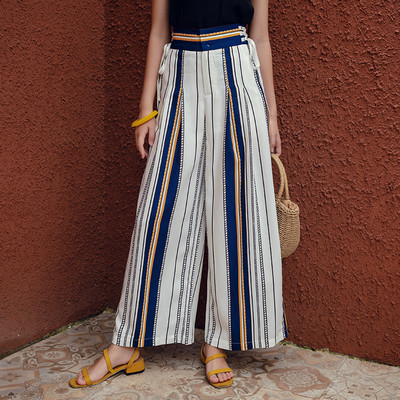 Pantaloni largi de dama actuali cu talie inalta si cravate