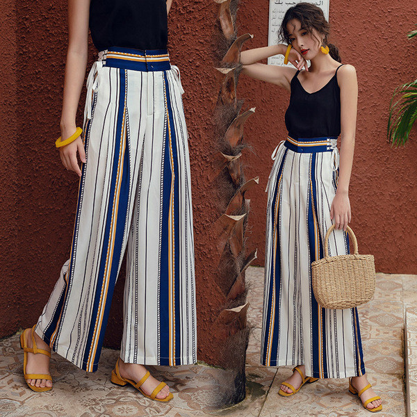 Pantaloni largi de dama actuali cu talie inalta si cravate